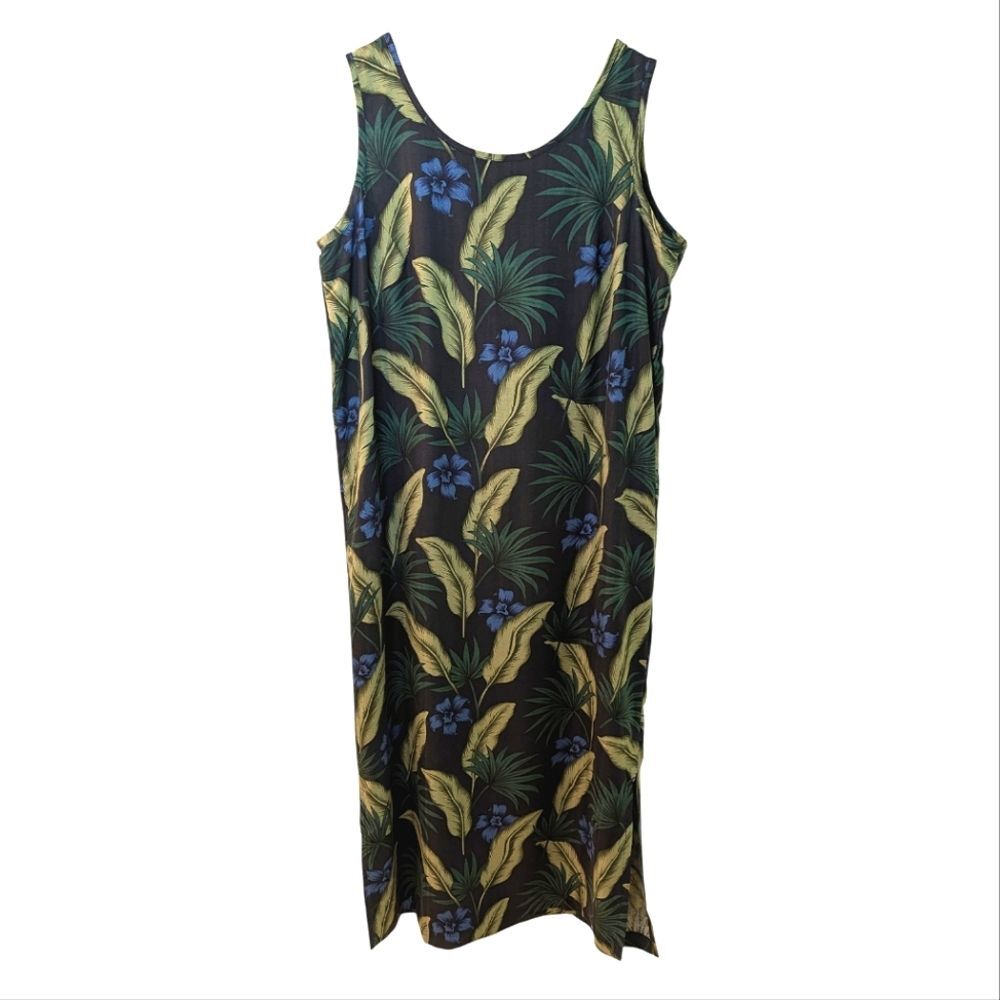 Pineapple Moon Tropical Print Silk Maxi Dress Sleeveless Medium Y2K Style
